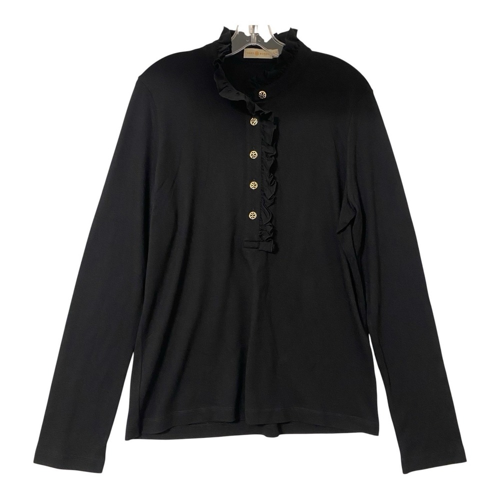 Tory Burch Blouse Size XL Ruffled Black Long Sleeve Gold Buttons Old Money Glam